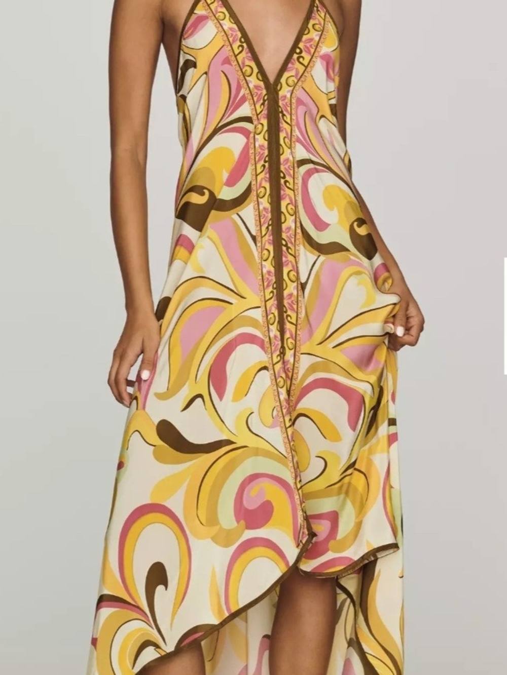 Sunset Swirl High-Low V-Neck Midi Dress in Yellow and Pink
